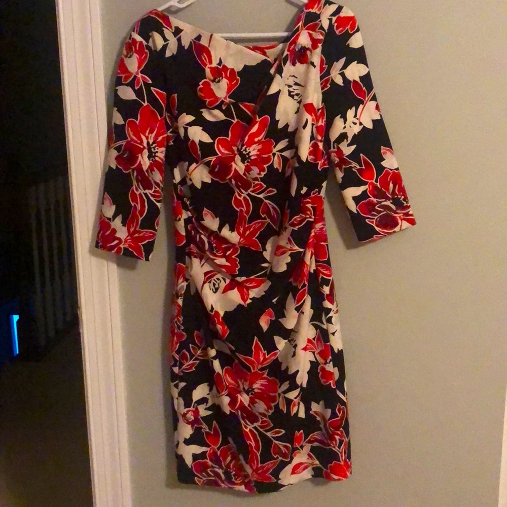 Red/pink/white floral dress.
